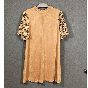 VOY Womens‎ Tan Faux Suede Lace Sleeve Ruffle Tie Neck Shift Dress 34693 L